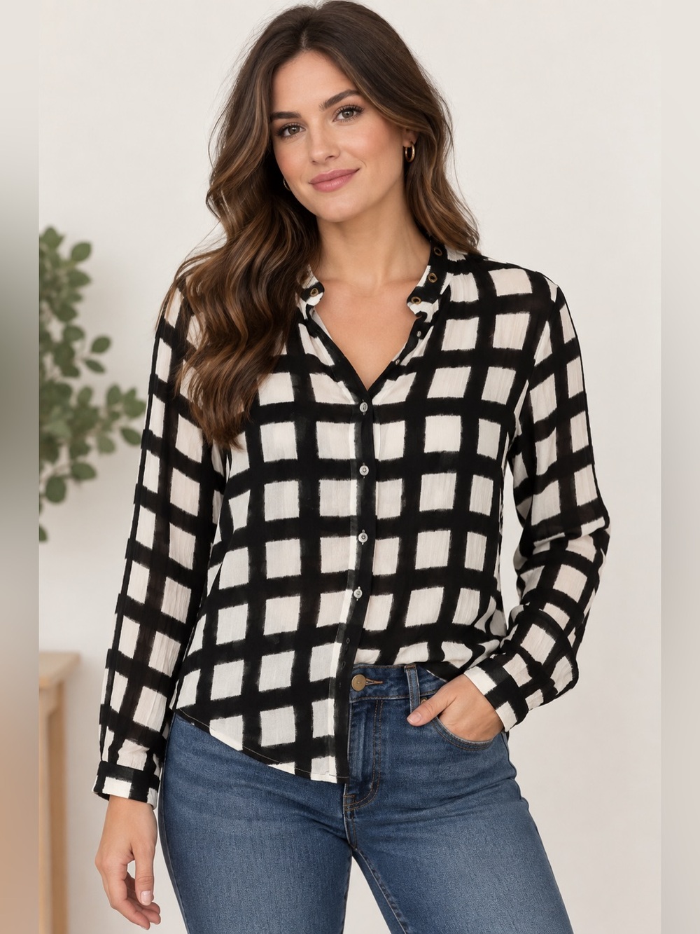 Michael Kors Petite M Black White Geometric Sheer Long Sleeve Blouse